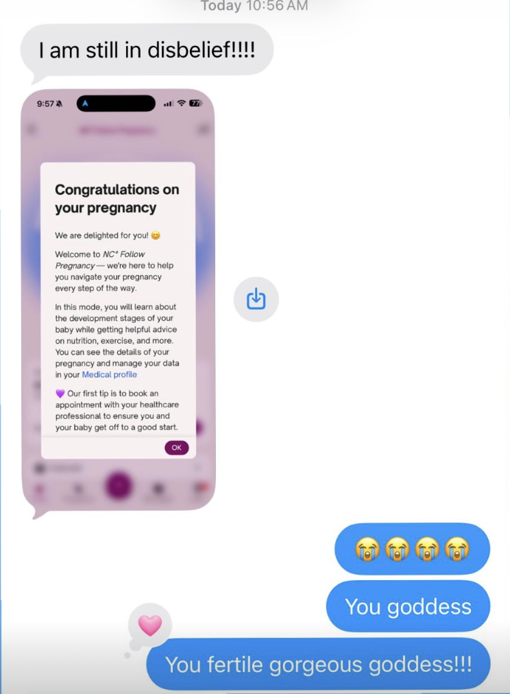 Client message: 'I am still in disbelief' with a pregnancy confirmation screen