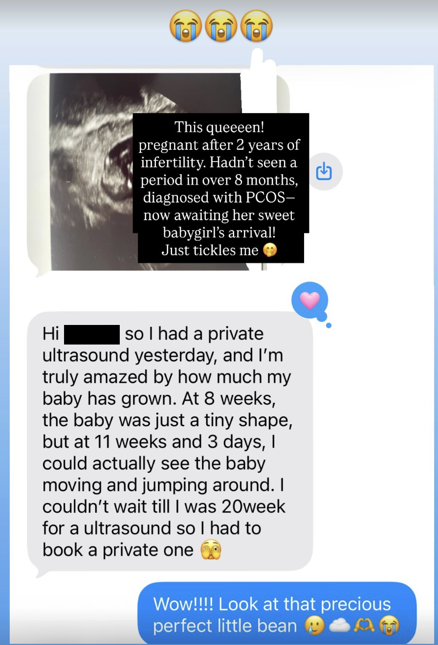 Client message: pregnant after 2 years of infertility and PCOS, now awaiting her baby girl