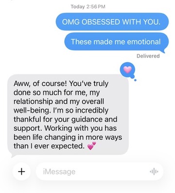 Client message thanking Maddi for guidance that changed her life