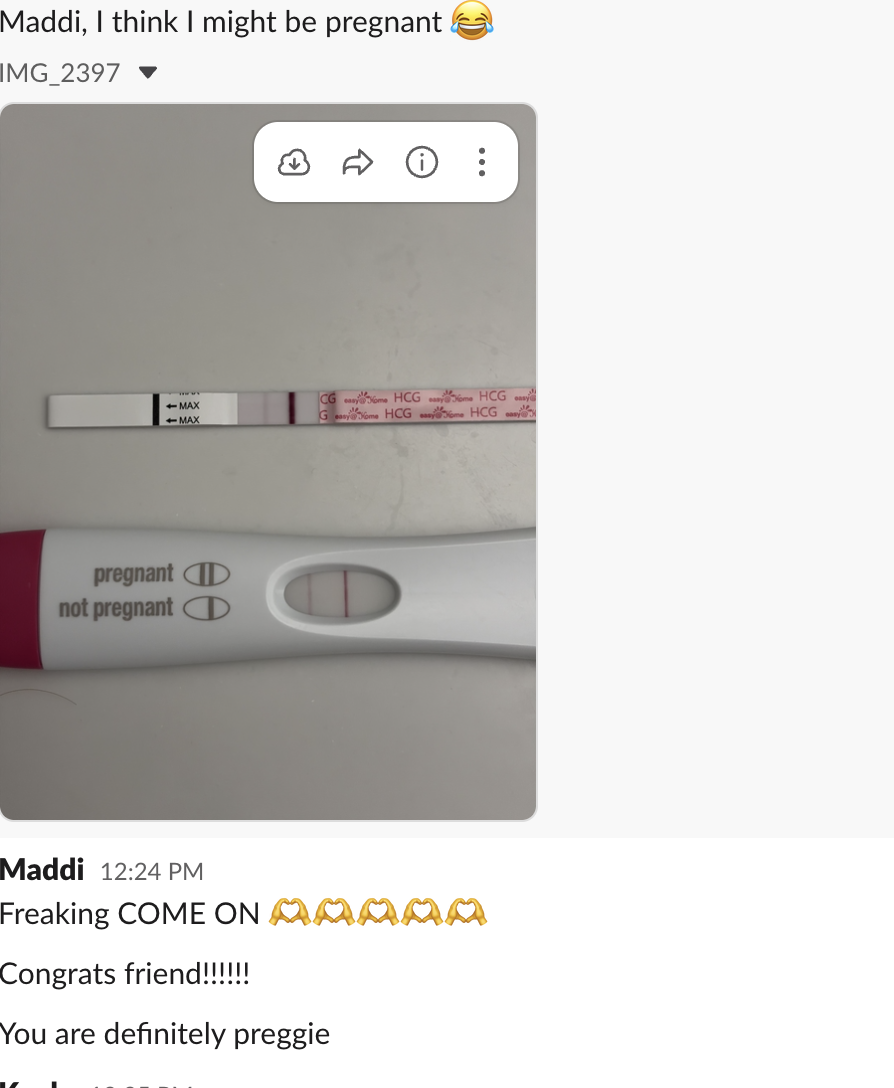 Client message reading 'Maddi, I think I might be pregnant' alongside positive pregnancy tests