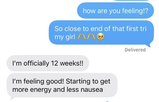 Client message announcing she is officially 12 weeks pregnant